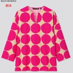 Marimekko Kivet Uniqlo pink & cream linen blend ¾ sleeve shirt top NWT